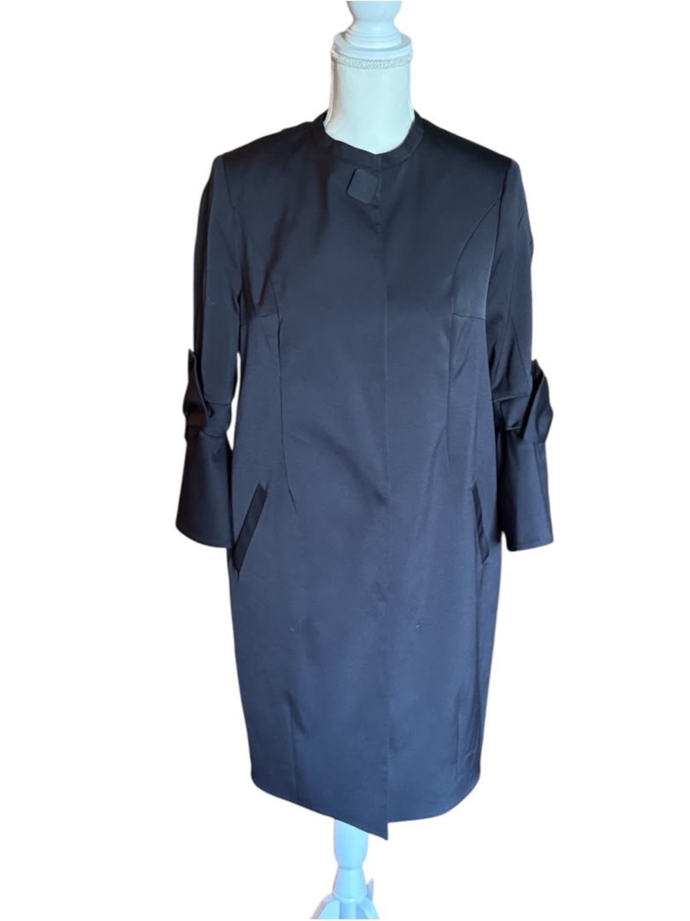 Miss Lili Black Minimalist Trench Coat with Tabbed Three-Quarter Sleeves